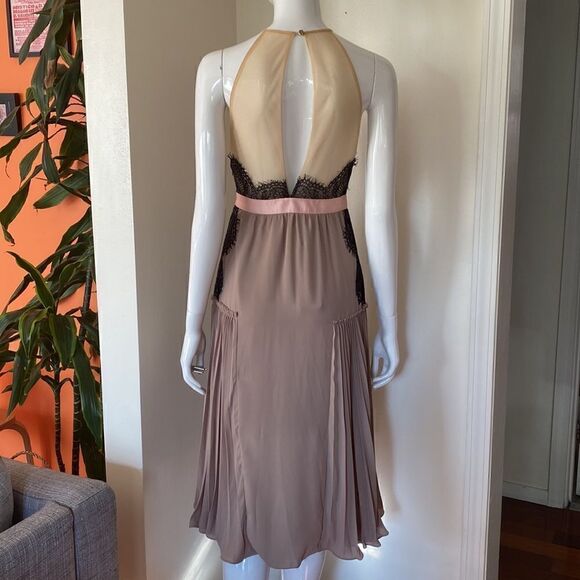 Three Floor Mauve, Pink, & Black Lace Halter Midi Dress with Skirt Pleating - Picture 6 of 11